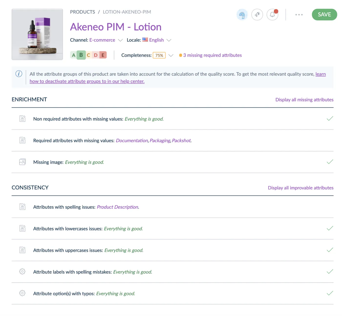 Akeneo — PIM product sheet (Lotion)